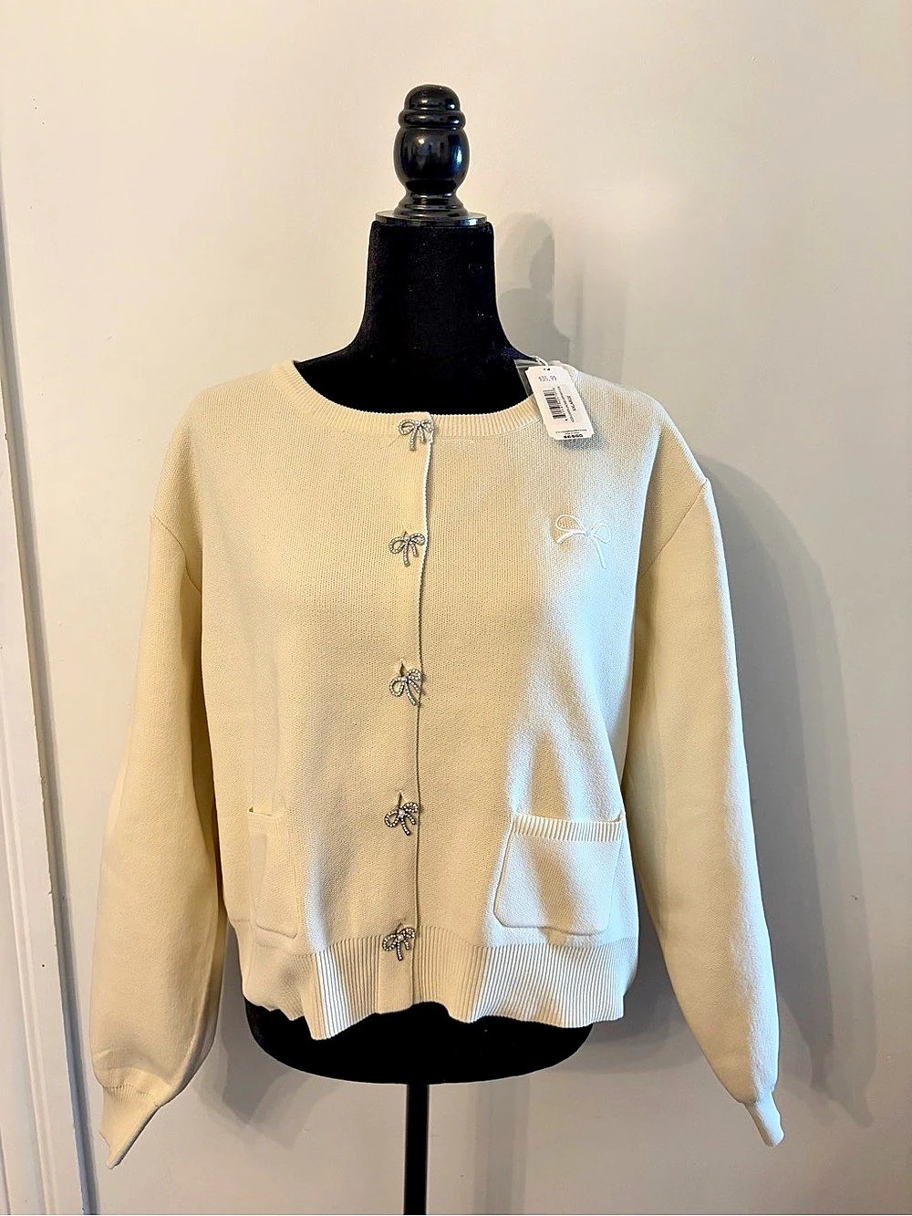 NWT Simply Southern Cream Knit “Jackie”Cardigan Sweater Rhinestone Bows XXL